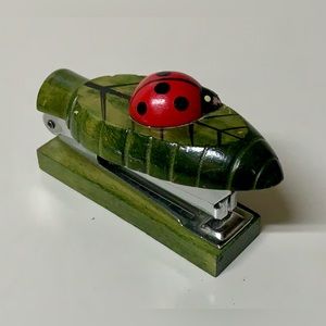 1970s Vintage Wooden Figural Ladybug on Plant Leaf Stapler